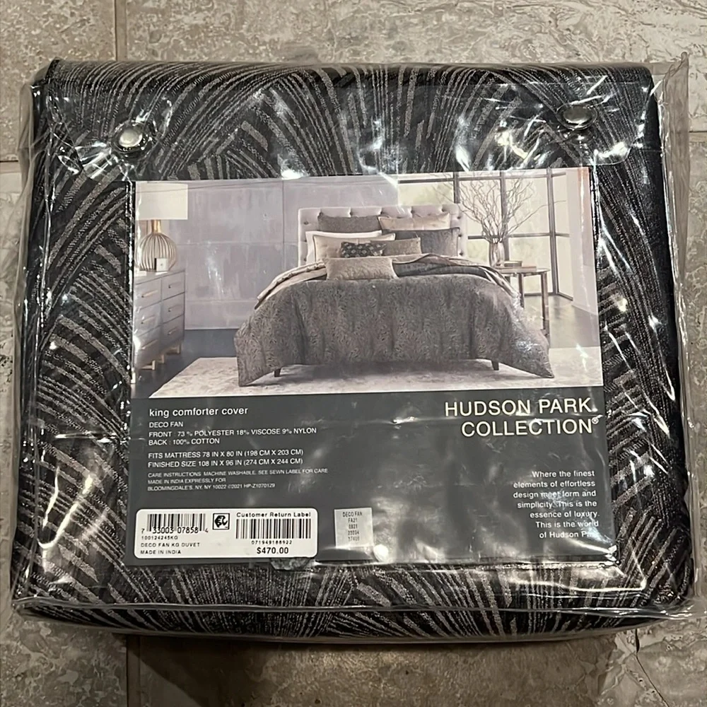 Hudson Park Collection Deco Fan King Duvet Cover, Black Grey New in Box $470